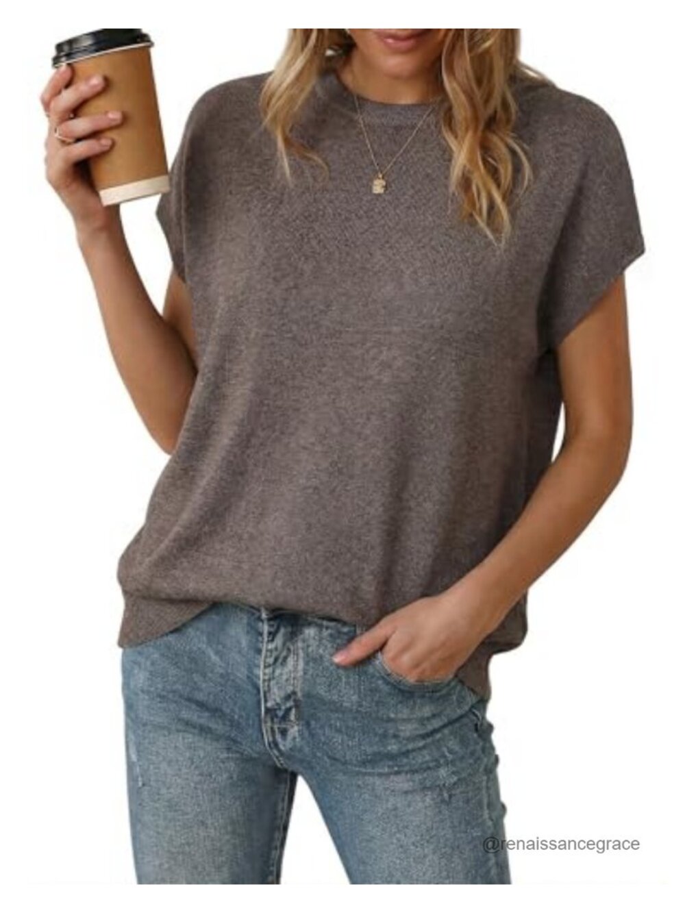 Wool Blend Oversized Short Sleeve Sweater Pullover Casual